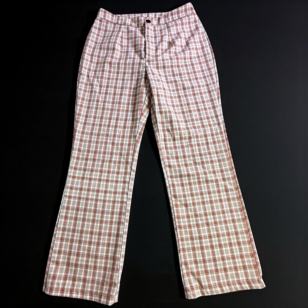 SHEIN Plaid‎ Flare Pants Women's Size L Brown White High Rise Casual